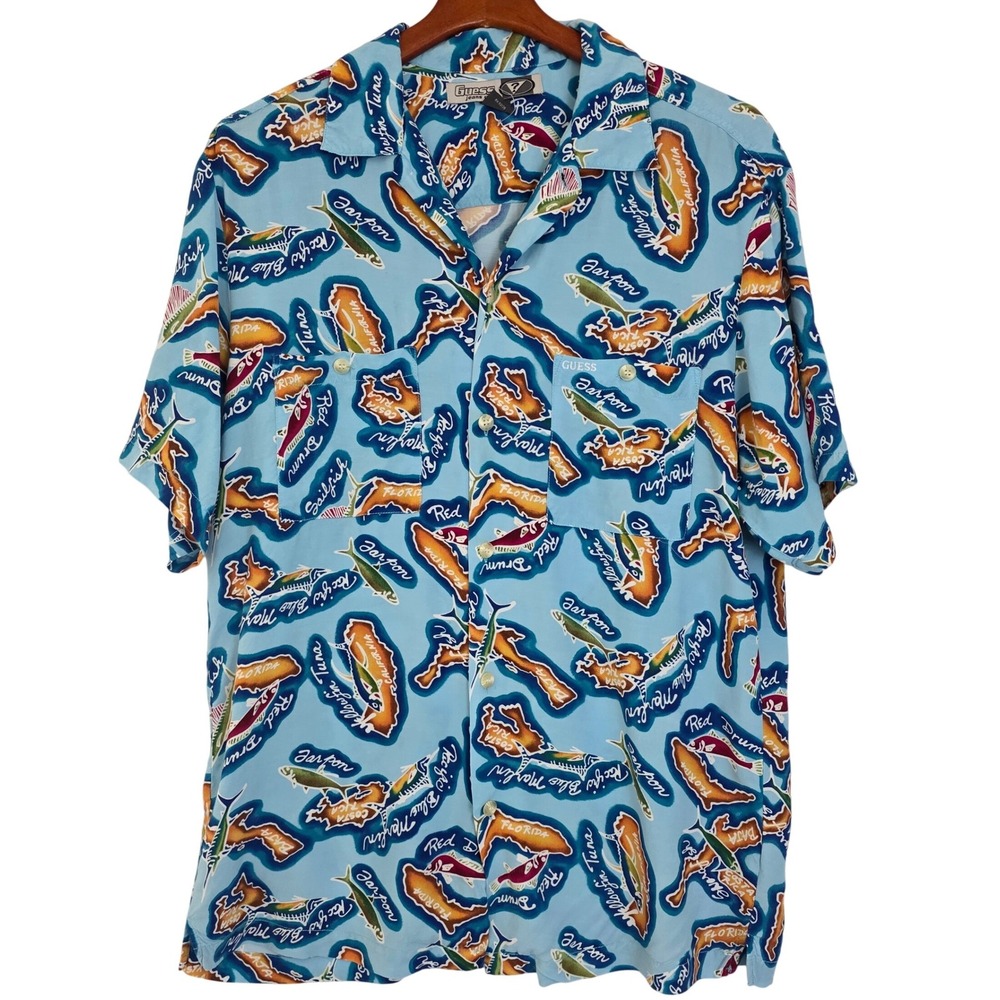 VTG Guess Jeans USA Mens Rayon Hawaiian Camp Shirt Islands Fish Size Large